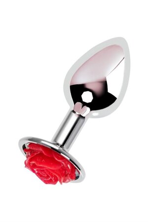 Anal plug Metal by TOYFA, metal, silver with red rose, 8 cm, O 2.7 cm, 48 g